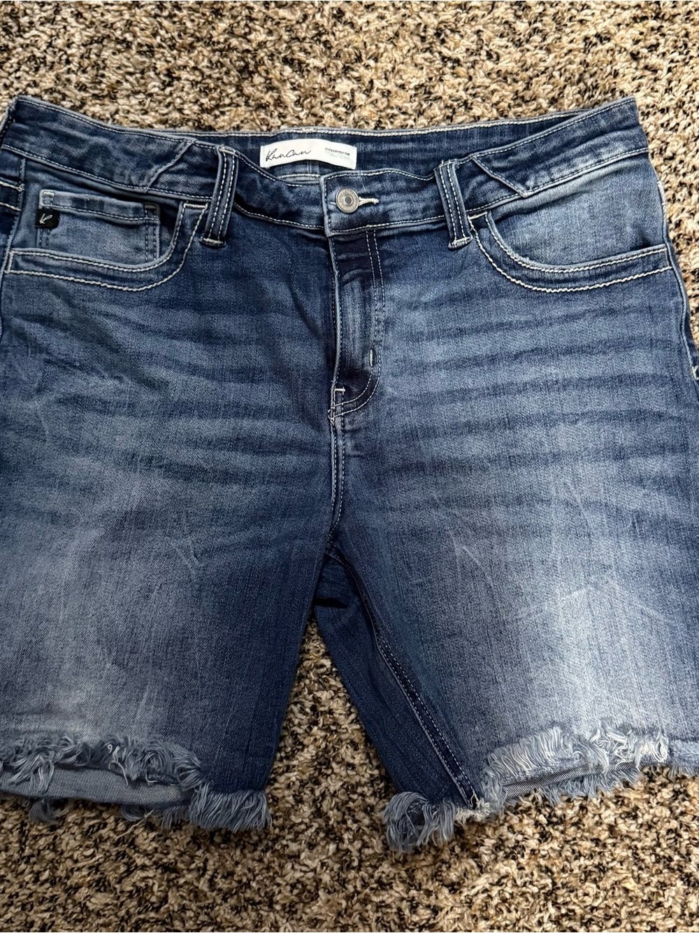 KanCan Medium Wash Frayed Hem Denim Shorts